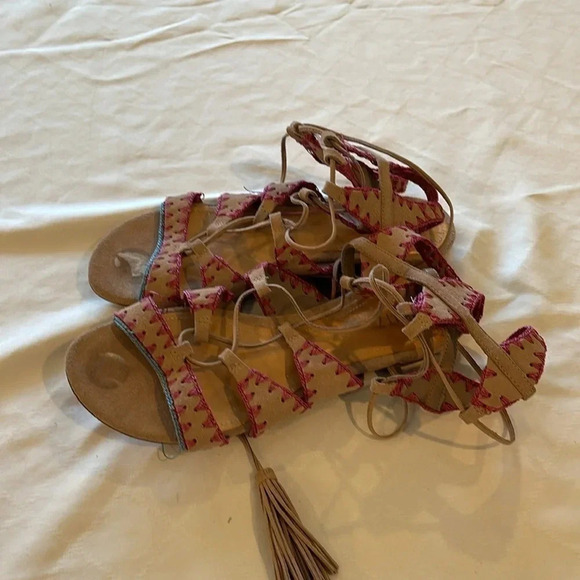 Schutz Willow Light Wood Nude Gladiator Sandals Stitched Tie Up size 10 EUC - Picture 3 of 5